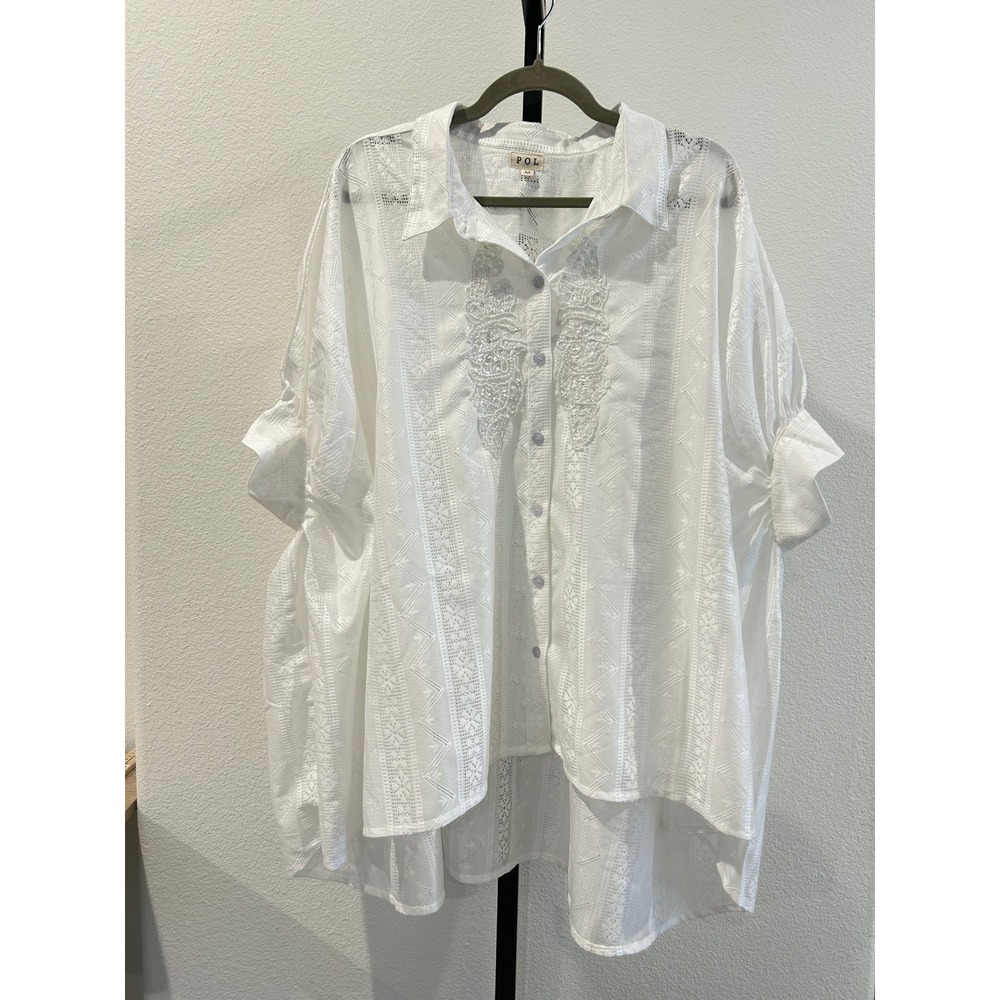 New POL White Lace Sequin Embellished Oversized High Low Button Shirt, Size M